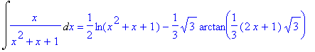 Int(x/(x^2+x+1),x) = 1/2*ln(x^2+x+1)-1/3*sqrt(3)*ar...