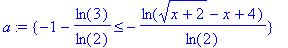 a := {-1-ln(3)/ln(2) <= -ln(sqrt(x+2)-x+4)/ln(2)}